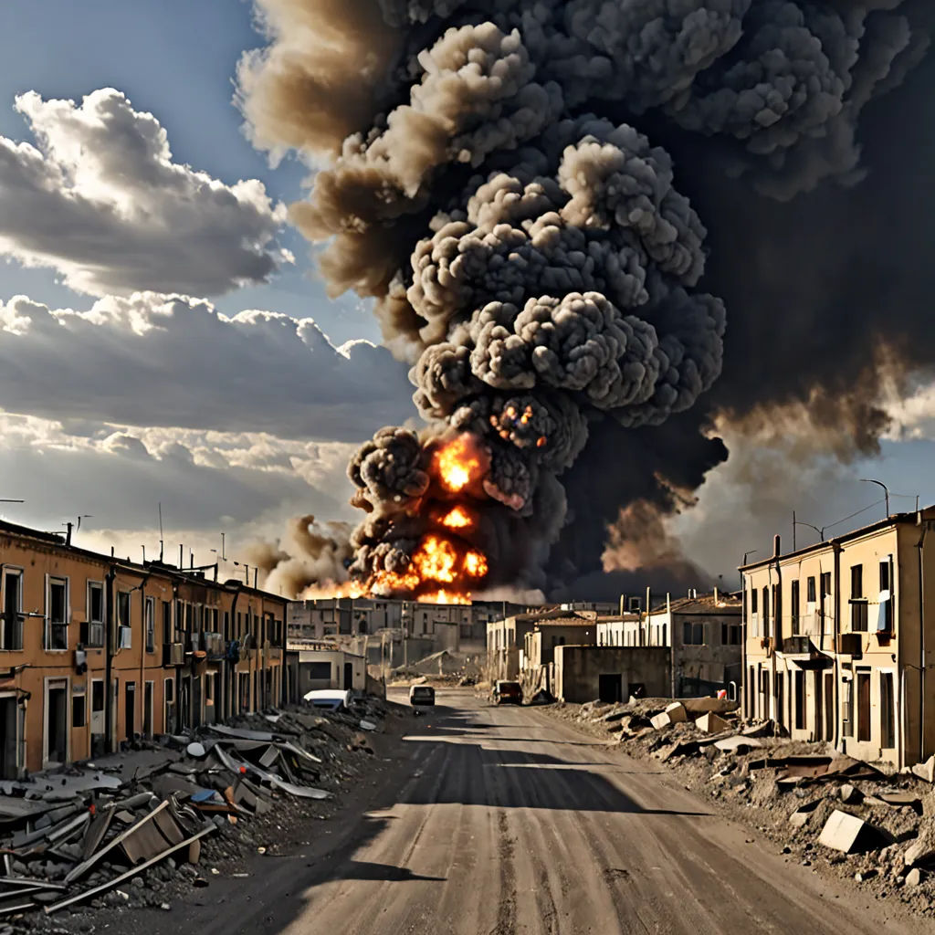 a large plume of smoke billows from a building in a city street with buildings on both sides of the street, environmental art, a matte painting, Andreas Gursky, award - winning photo