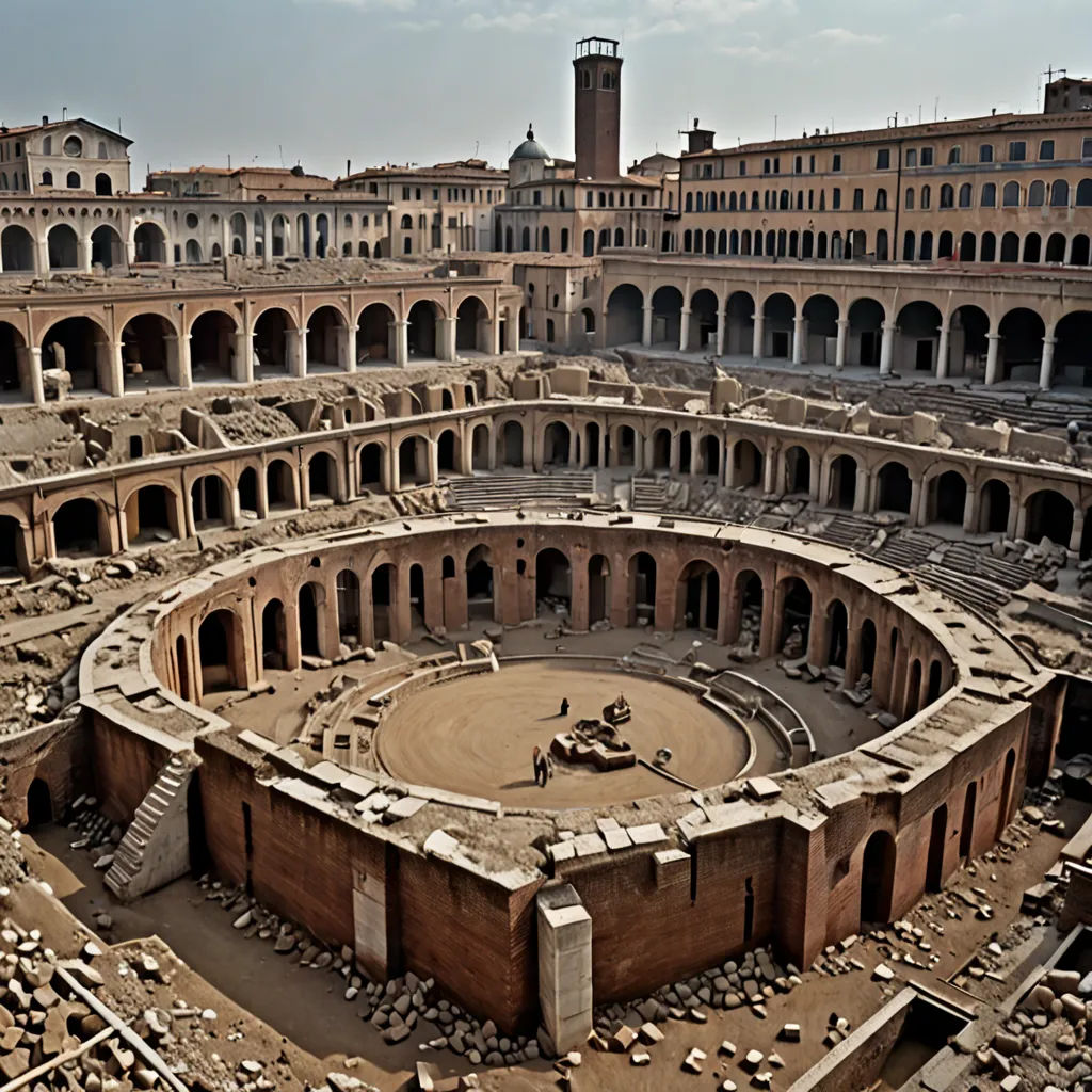 a large circular building with a clock tower in the background and a courtyard in the middle of the building, romanesque, a digital rendering, Alesso Baldovinetti, tone mapping