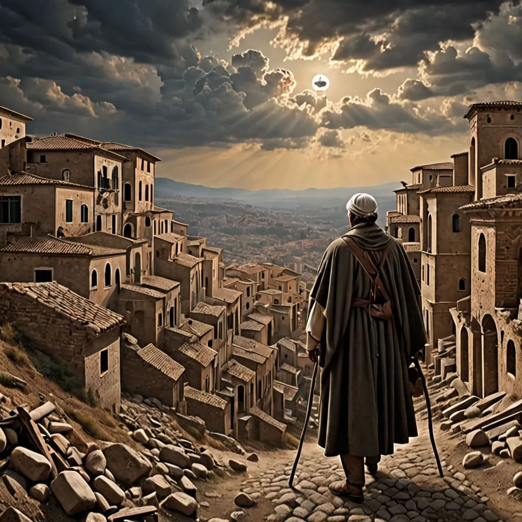 a man with a cane standing on a stone road in front of a village under a cloudy sky with sun rays, fantasy art, a detailed matte painting, Christophe Vacher, matte painting