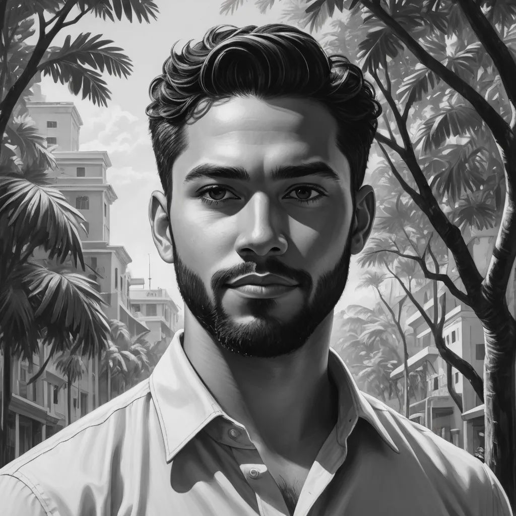 a man with a beard and a white shirt in a black and white photo with trees and buildings in the background, serial art, a character portrait, Edwin Georgi, tom of finland