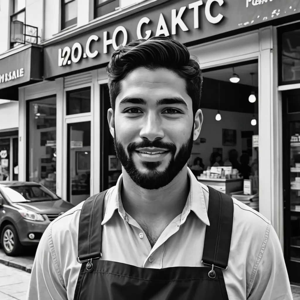 a man with a beard and apron standing in front of a store front with a car parked in front of it, international typographic style, a character portrait, Byron Galvez, promotional image