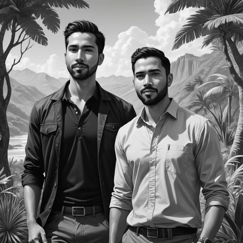 two men standing next to each other in front of a painting of mountains and trees with a lake in the background, figurativism, a black and white photo, Adam Dario Keel, highly detailed digital painting