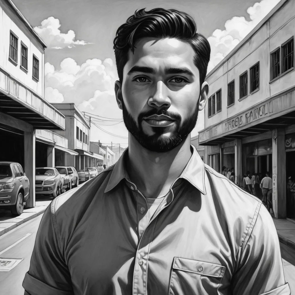 a man with a beard standing in front of a building on a street corner with cars parked on the side of the street, hyperrealism, an ultrafine detailed painting, Eric Zener, highly detailed digital painting