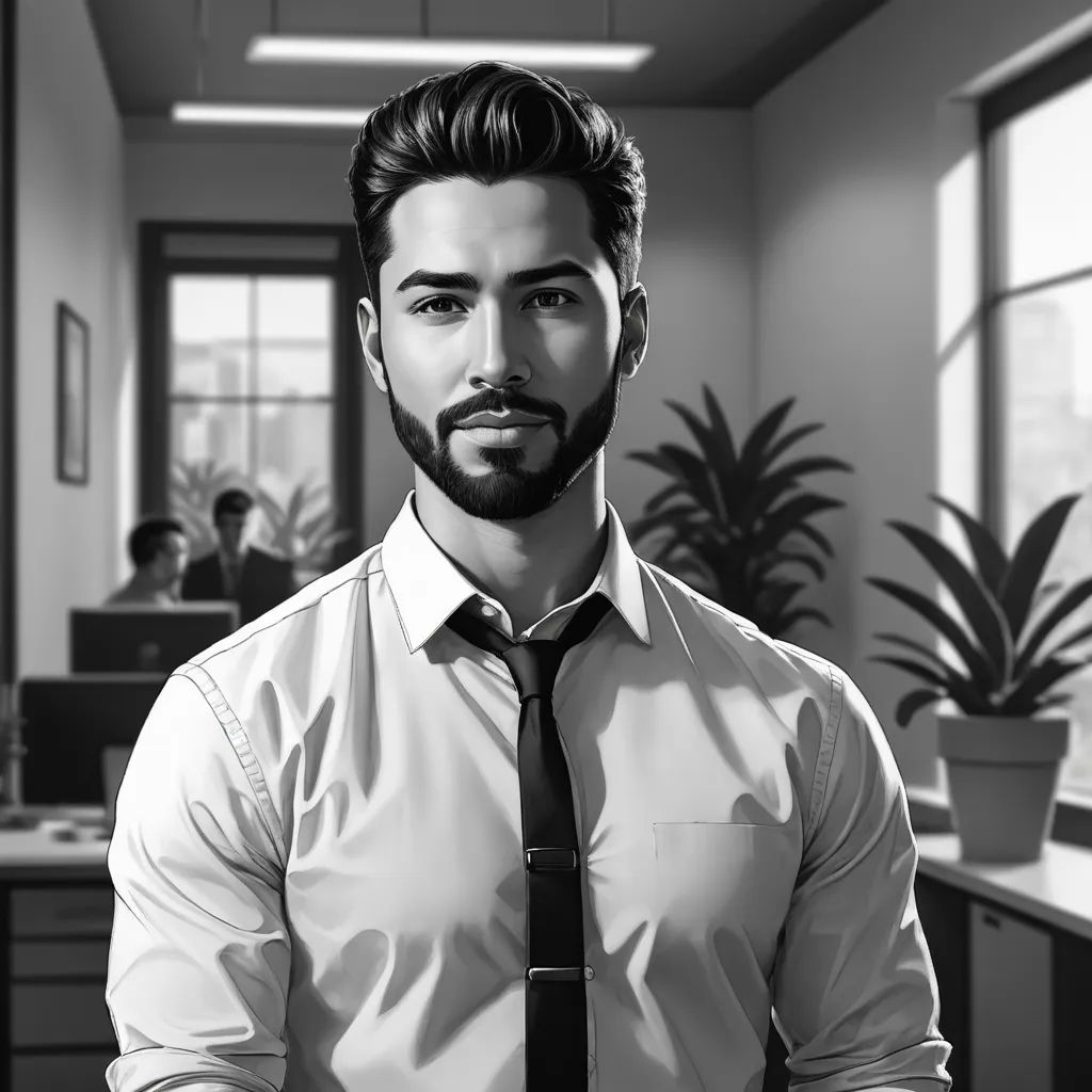 a man in a tie is standing in a room with a plant in the corner of the room and a potted plant in the corner, modern european ink painting, an ultrafine detailed painting, Artgerm, highly detailed digital painting