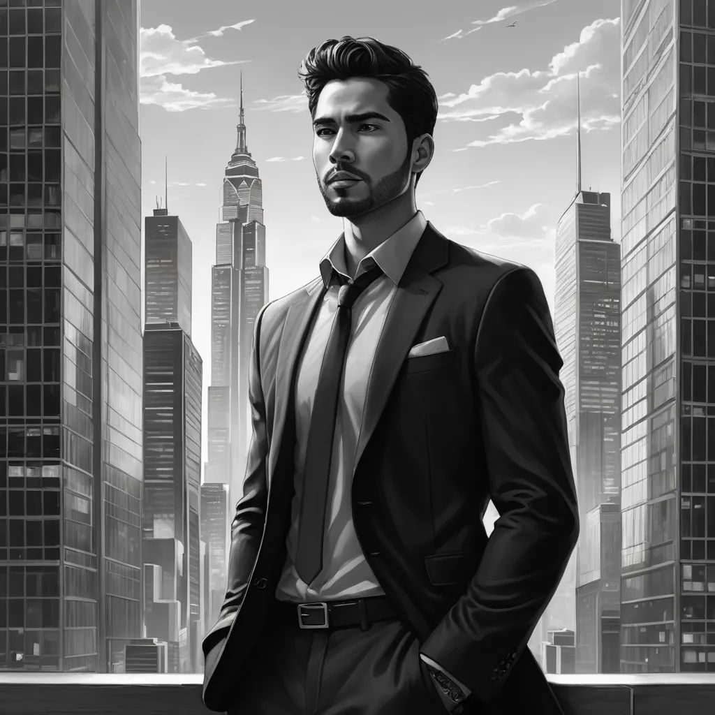 a man in a suit standing in front of a cityscape with skyscrapers in the background and a sky line, modern european ink painting, an ultrafine detailed painting, Cedric Seaut (Keos Masons), noir
