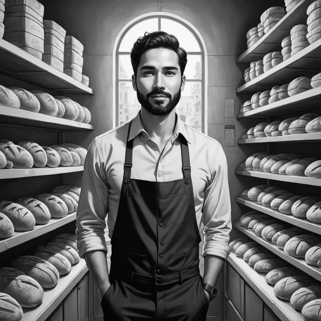 a man standing in front of a shelf of breads in a bakery with a window behind him and a large amount of bread on the shelves, modern european ink painting, a photorealistic painting, Aaron Jasinski, highly detailed digital painting