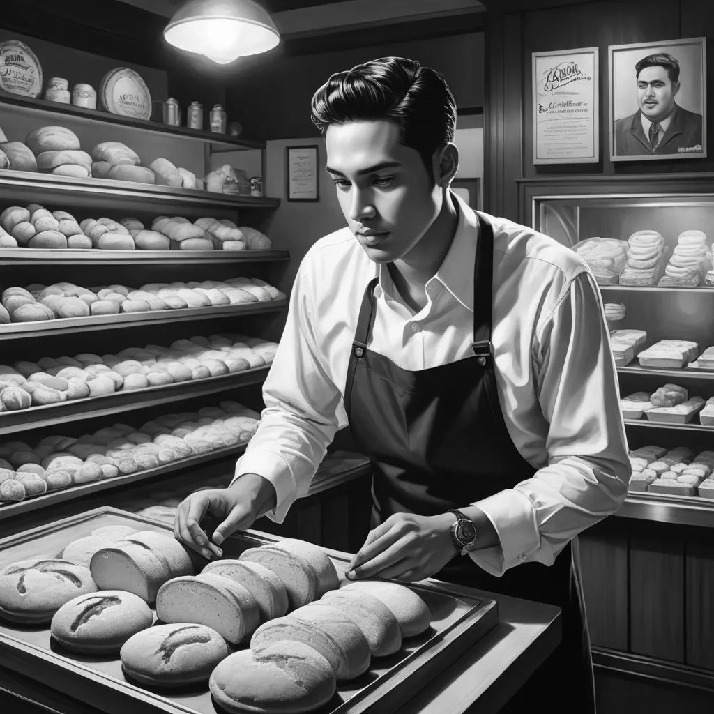 a man in an apron is working in a bakery with pastries on display behind a counter and shelves, modern european ink painting, an ultrafine detailed painting, Alberto Vargas, highly detailed digital painting