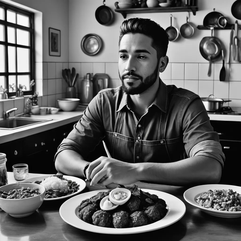 a man sitting at a table with plates of food in front of him and a bowl of eggs on the table, samikshavad, a black and white photo, Adam Willaerts, promotional image