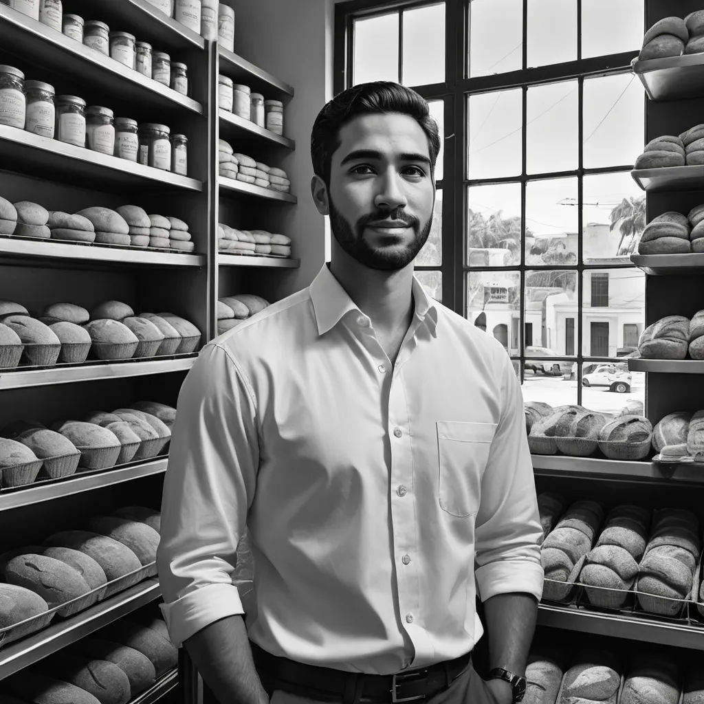 a man standing in front of a display of baked goods in a bakery shop, in front of a window, regionalism, a black and white photo, Adam Dario Keel, professional photo