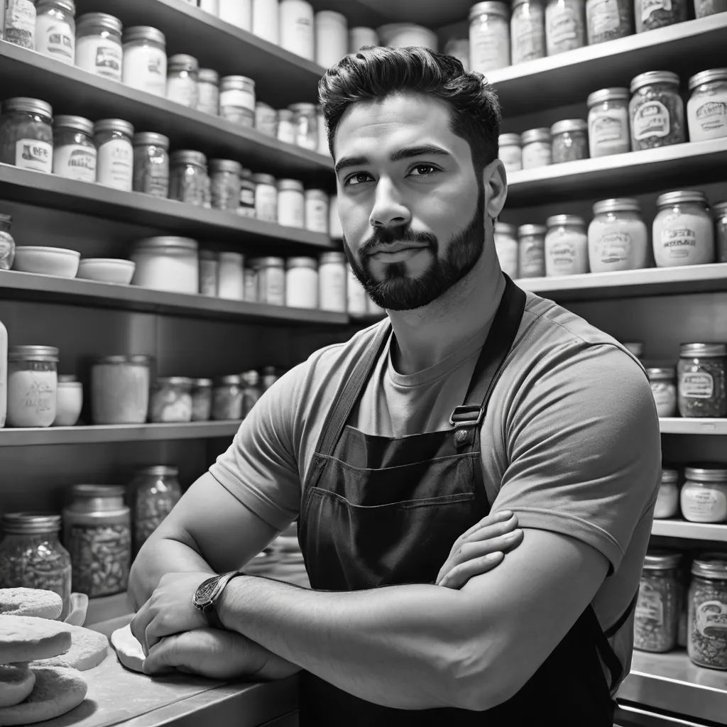 a man standing in front of a shelf of jars and jars in a store or kitchen with his arms crossed, private press, a character portrait, Anthony Angarola, professional food photography