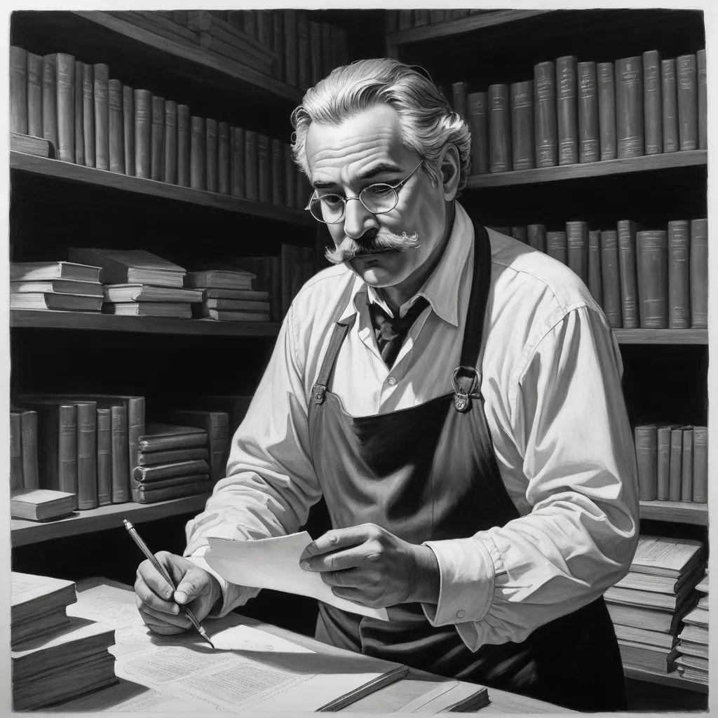 a man in an apron is writing on a paper in front of a book shelf with books on it, new objectivity, an ultrafine detailed painting, Alson S. Clark, loftis