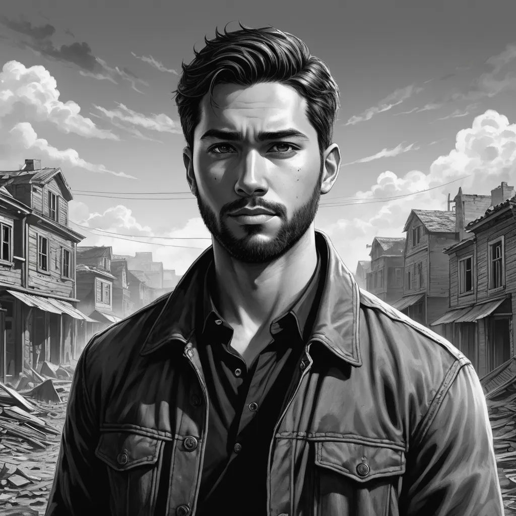 a man in a black jacket standing in front of a building with a sky background and clouds above him, serial art, a character portrait, Cedric Seaut (Keos Masons), tom of finland
