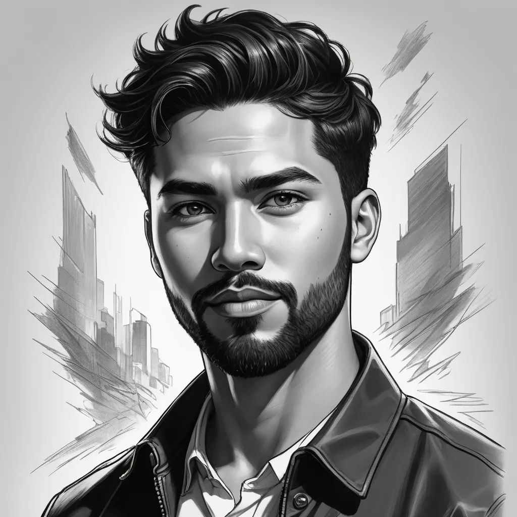 a man with a beard and a beard in a black and white drawing style, with a cityscape in the background, modern european ink painting, a character portrait, Artgerm, stanley artgerm lau