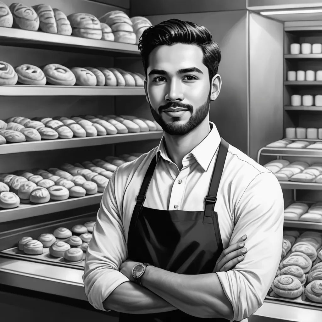 a man standing in front of a bakery display case with donuts on it's shelves and a man in an apron, modern european ink painting, a character portrait, Eddie Mendoza, ultra realistic illustration
