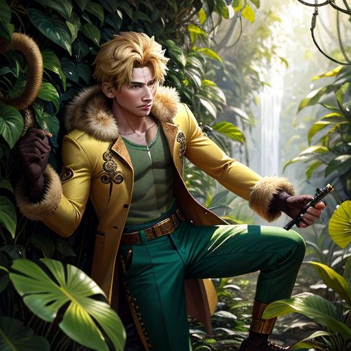 a man in a yellow coat and green pants holding a gun in a jungle area with a waterfall in the background