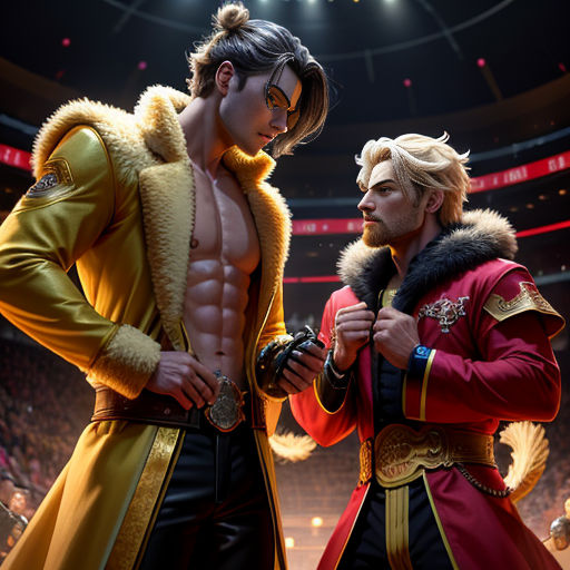 two men in costumes standing next to each other in a stadium with a crowd of people watching them from the stands