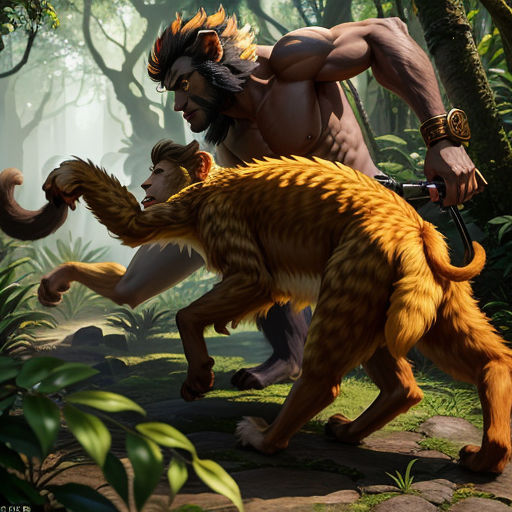 a man and a monkey in the jungle fighting with each other with a sword and a sword in his hand