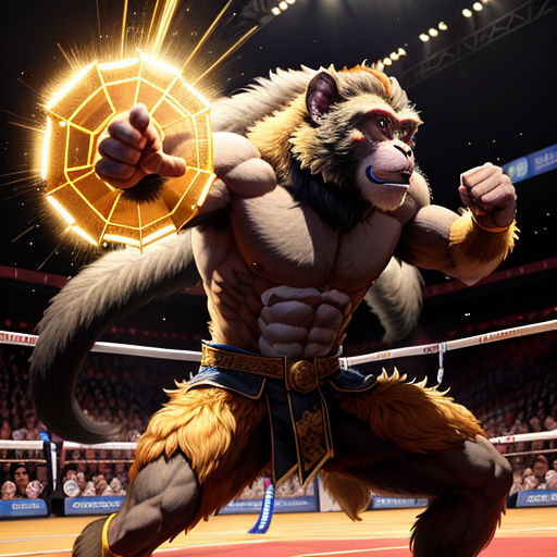 a monkey is holding a golden item in a ring of fire in a stadium with a crowd watching it