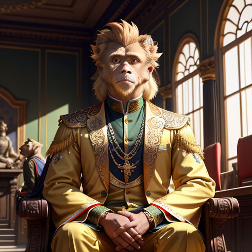 a monkey in a suit sitting in a chair in a room with windows and a statue of a man