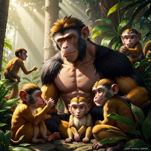 a group of monkeys sitting on top of a lush green forest next to a man in a monkey suit