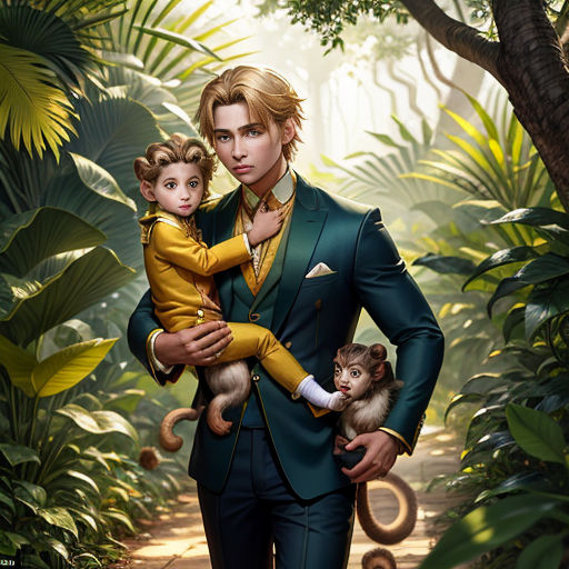 a man holding a monkey and a monkey in a jungle with a monkey on his lap and a monkey on his shoulder