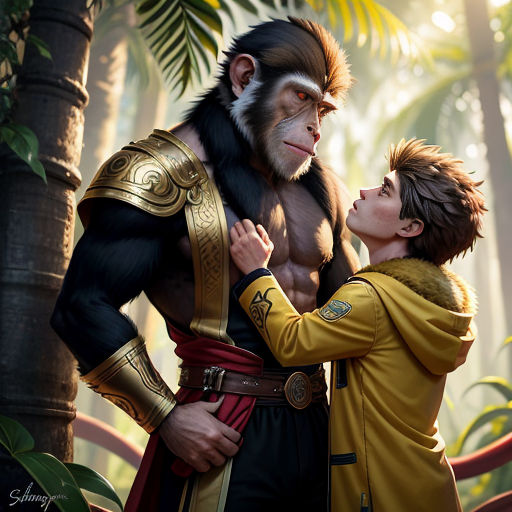 a man and a monkey are in the jungle together, one is touching the other's face and the other is touching his chest