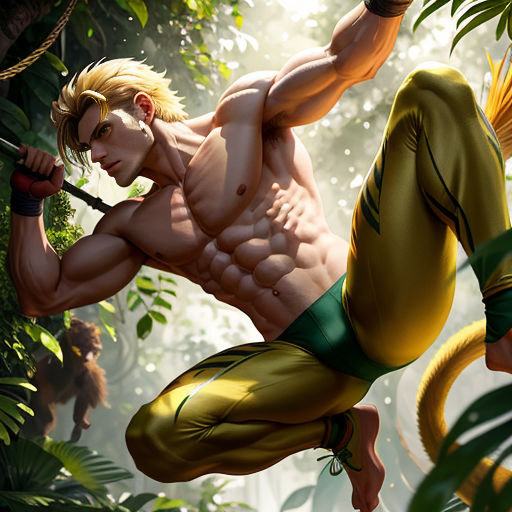 a man in a jungle with a sword in his hand and a monkey in the background with a jungle background
