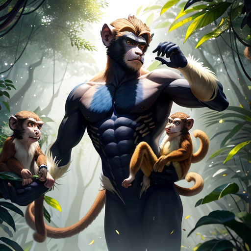 a monkey and a monkey are in the jungle with a man in a gorilla suit and monkey on his back