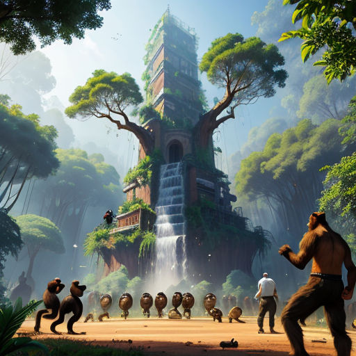 a group of people in a jungle with a waterfall in the background and a man in a suit standing in front of a waterfall