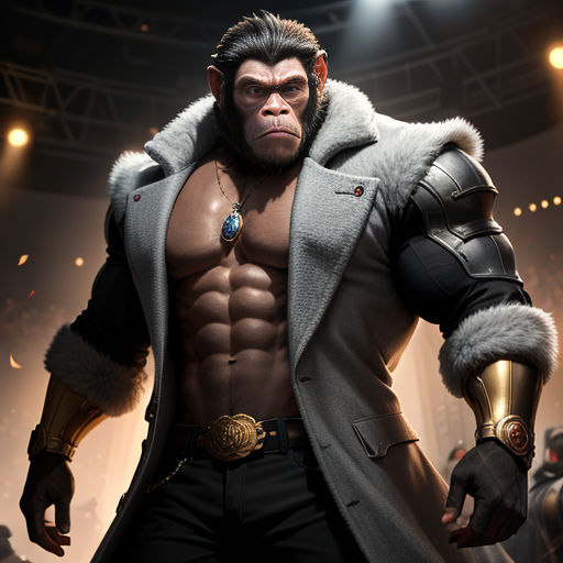 a man in a suit with a gorilla face and a coat on, standing in a dark room with lights