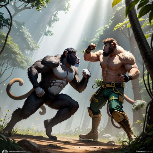 a man and a gorilla are fighting in the jungle with each other in front of a sunbeamed forest