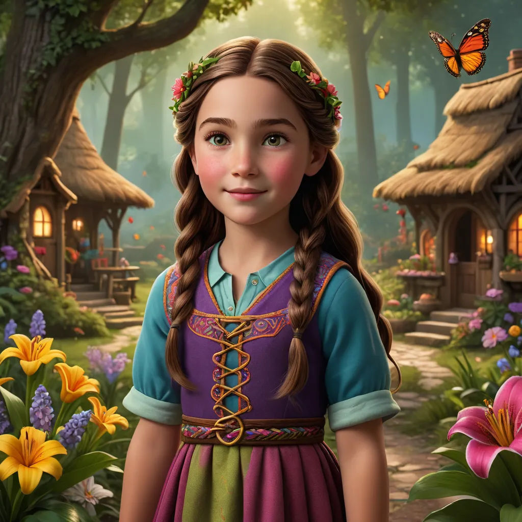 a girl in a dress standing in a forest with flowers and a butterfly flying overhead in the background,, sots art, a character portrait, Evaline Ness, kinkade