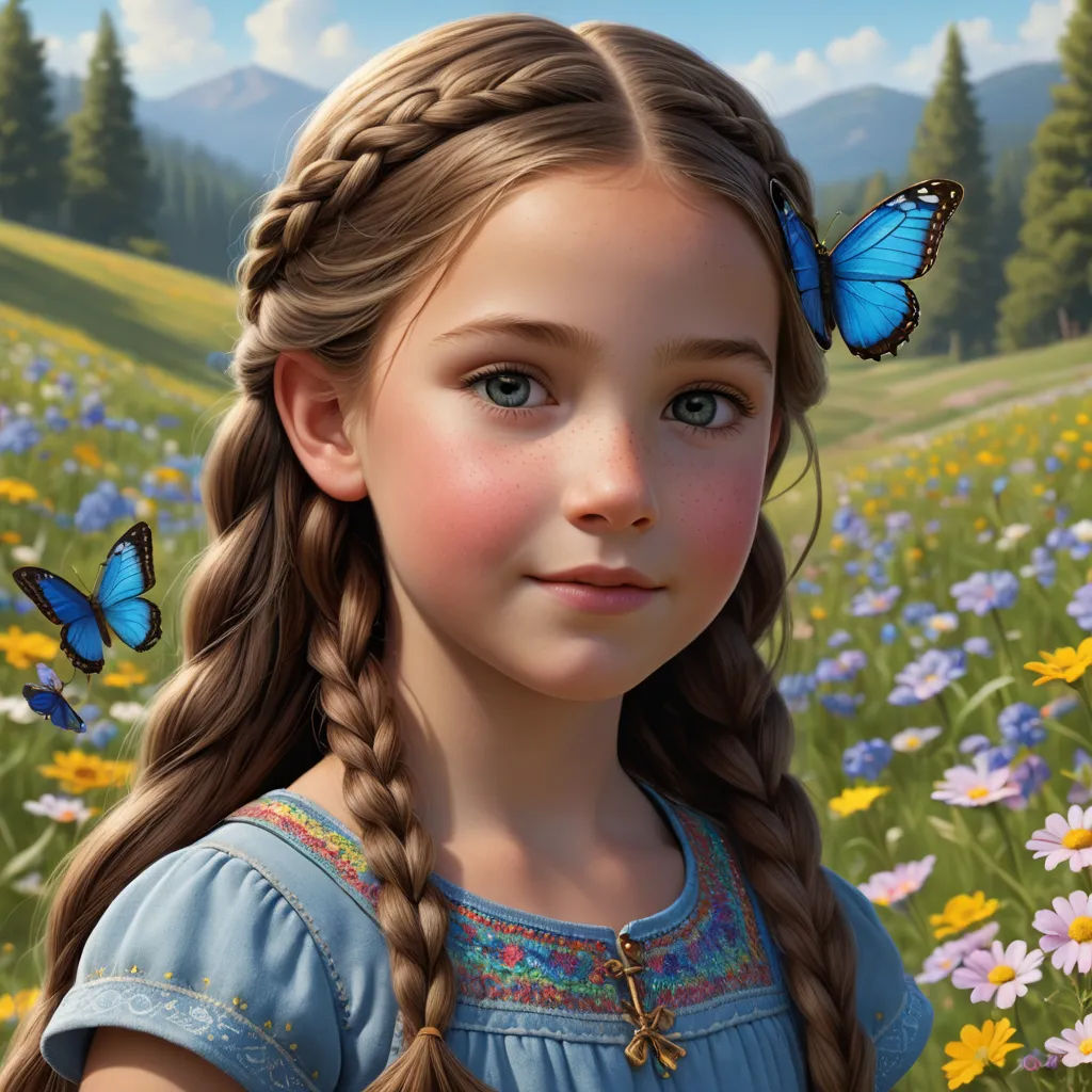 a girl with braids and butterflies in her hair in a field of flowers and daisies with mountains in the background, photorealism, a detailed painting, Eva Frankfurther, cgstudio