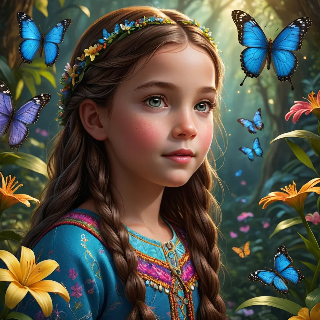 a painting of a girl with a butterfly in her hair and butterflies around her head, in a forest, fantasy art, a detailed painting, Anne Stokes, highly detailed digital painting