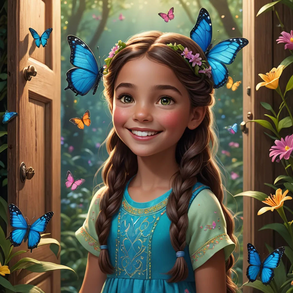 a girl with a blue dress and butterfly hair stands in front of a doorway with butterflies on her head, magical realism, a storybook illustration, Drew Struzan, kinkade