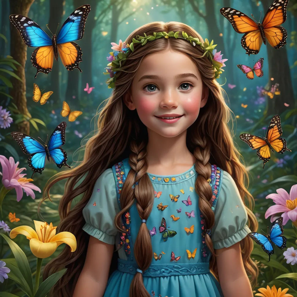 a girl with long hair and a wreath of butterflies around her head is standing in a forest with flowers and butterflies, fantasy art, a storybook illustration, Drew Struzan, highly detailed digital painting