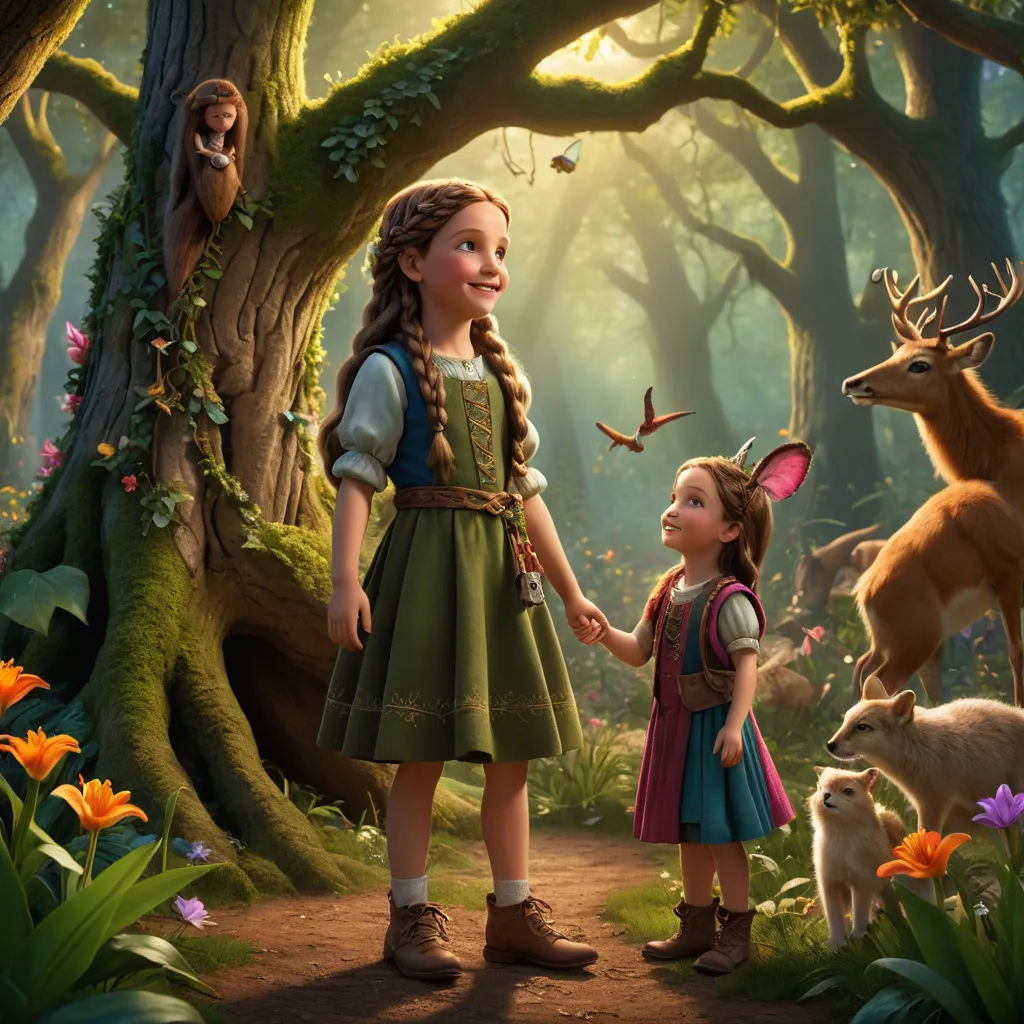 a little girl holding hands with a little girl in a forest with deers and birds on the ground, magical realism, a storybook illustration, disney, promotional image