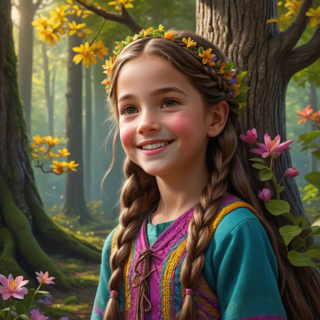 a girl with a braid smiles in a forest with flowers in her hair and a wreath of flowers in her hair, photorealism, a detailed matte painting, Ella Guru, cgstudio
