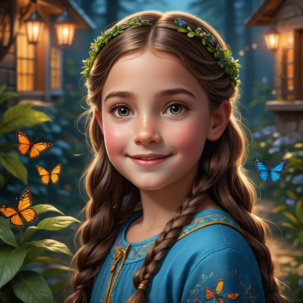 a girl with a braid and a butterfly in her hair is smiling at the camera and surrounded by butterflies, fantasy art, a detailed painting, Constance Gordon-Cumming, kinkade
