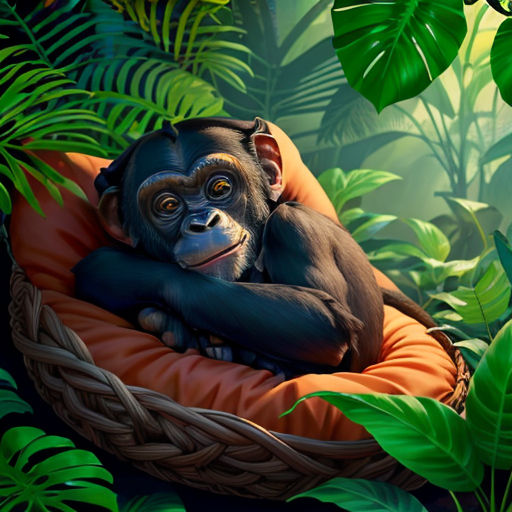 a monkey sitting in a basket in the jungle with a banana plant behind it and a banana plant behind it