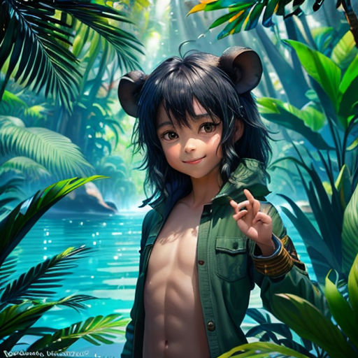 a cartoon character is posing in a jungle with a bear ears on his head and a green jacket on