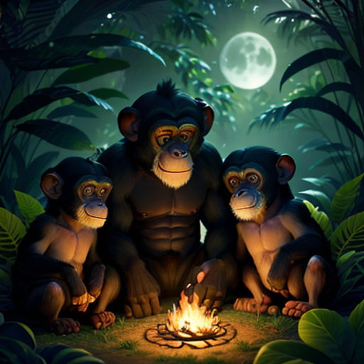 three monkeys sitting around a campfire in the jungle at night with a full moon in the background and a full moon in the sky