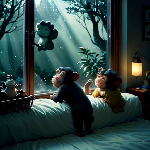 two monkeys sitting on a bed looking out a window at a forest with monkeys in it and a monkey hanging from a tree