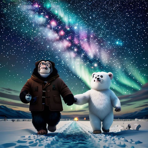 two bears are walking in the snow with a sky background and stars in the sky above them, and a polar bear is holding hands