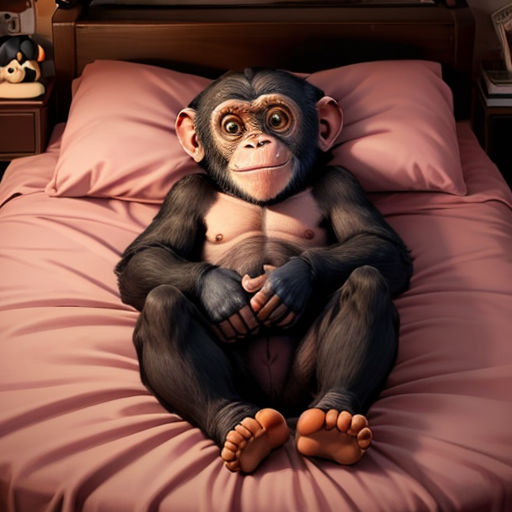 a monkey sitting on a bed with a pink comforter and a stuffed animal on the bed behind it