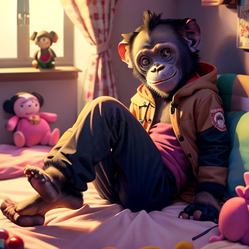 a monkey sitting on a bed with stuffed animals in the background and a window behind it with curtains and curtains