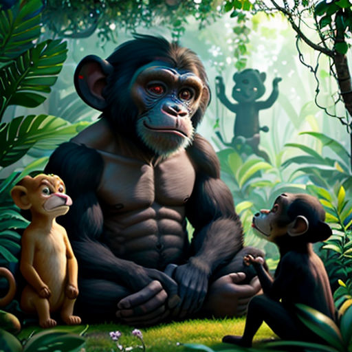 a monkey and two monkeys sitting in the jungle with a baby monkey in front of them and a monkey behind them