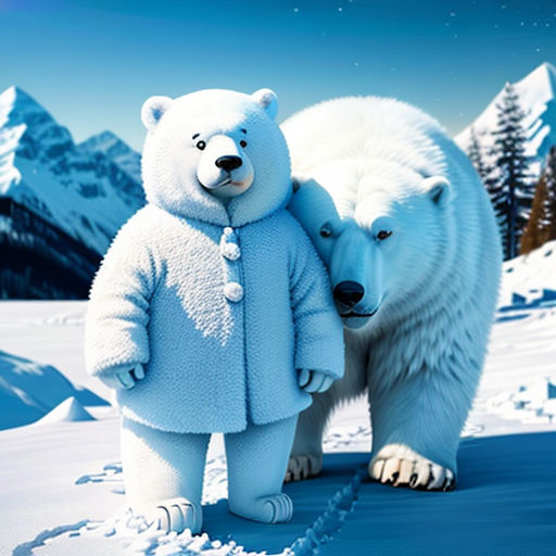 a couple of polar bears standing next to each other on a snow covered field with mountains in the background