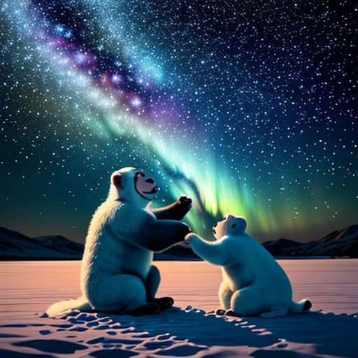 two polar bears playing with each other in the snow under the stars of the night sky with the aurora behind them