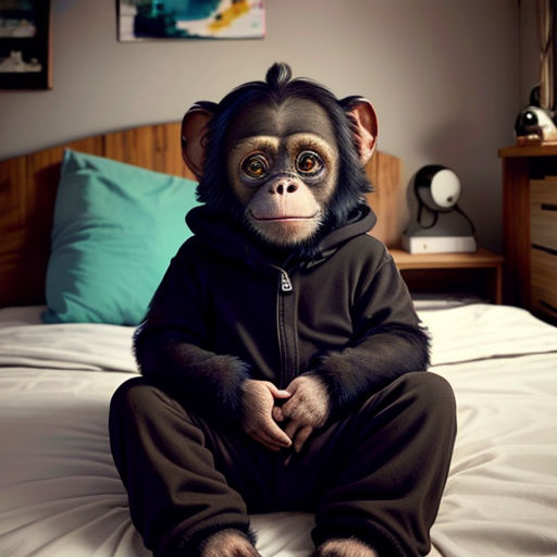 a monkey sitting on a bed wearing a black outfit and a hoodie with a hoodie on it